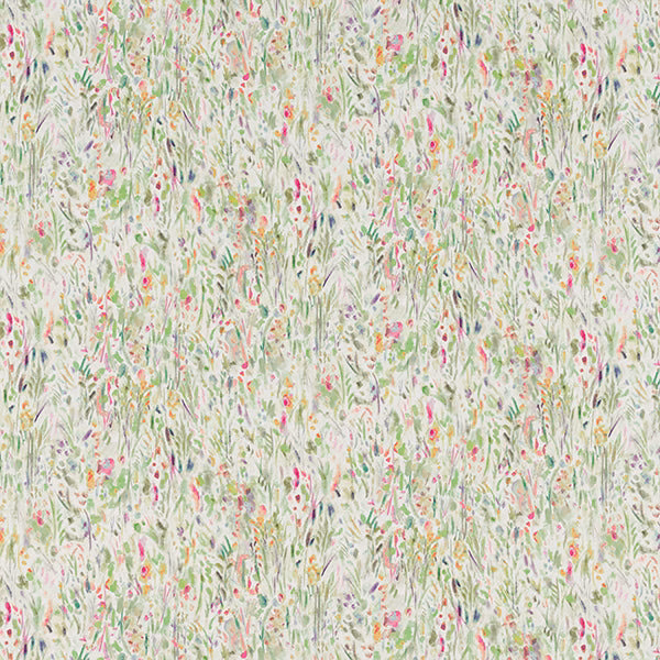 Cream cotton fabric with scattered green leaves and pink floral sprigs