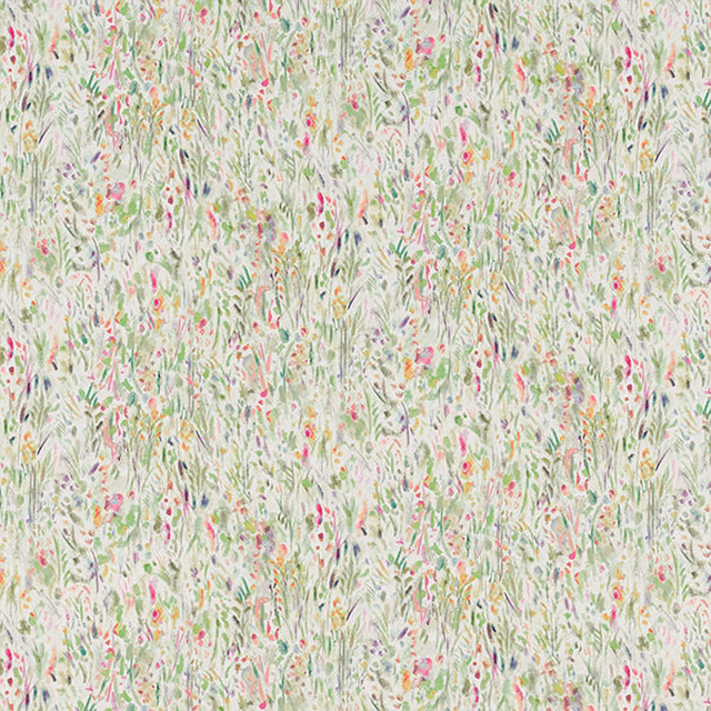 Cream cotton fabric with scattered green leaves and pink floral sprigs