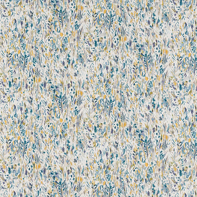 Pale printed cotton with teal, ochre and grey leaf motifs
