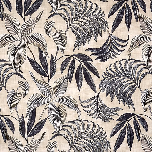 Charcoal botanical leaf print on a warm beige cotton ground
