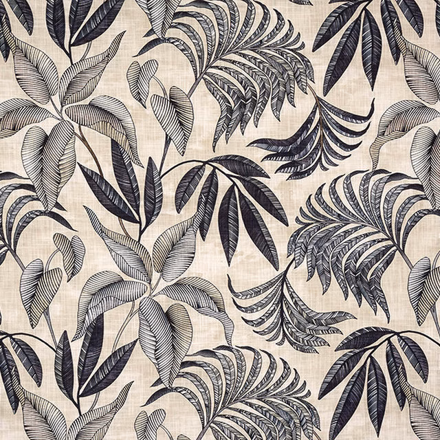 Charcoal botanical leaf print on a warm beige cotton ground
