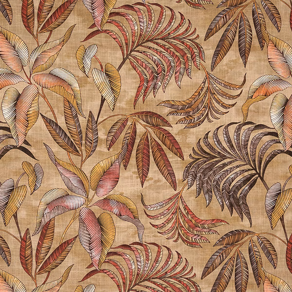 Beige cotton fabric with large leafy botanical print in russet, olive and brown