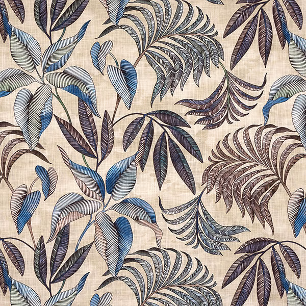 Large botanical leaf print in indigo, blue and plum on a stone cotton ground
