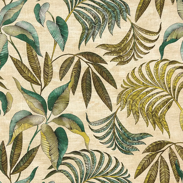 Jade and olive tropical leaf print on a cream cotton background