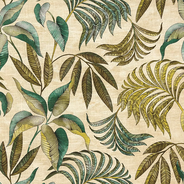 Jade and olive tropical leaf print on a cream cotton background