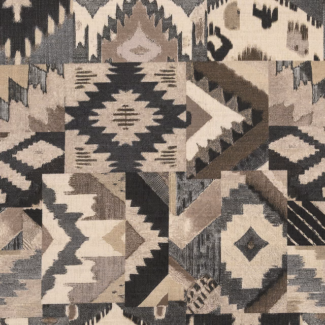 Charcoal, stone and taupe geometric patchwork print on cotton-rich fabric