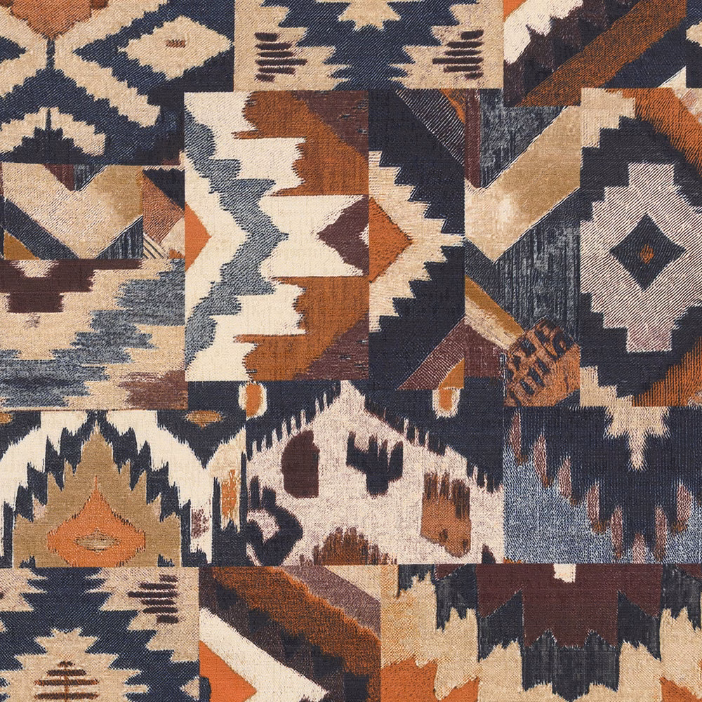 Large geometric print fabric in indigo, cream, rust and charcoal
