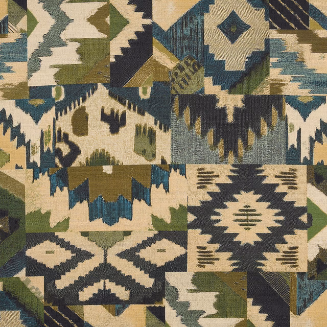 Patchwork geometric fabric swatch in jade green, navy, cream and olive
