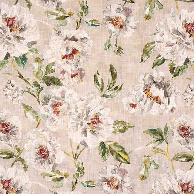 Painterly white floral fabric with olive leaves on a soft beige linen ground
