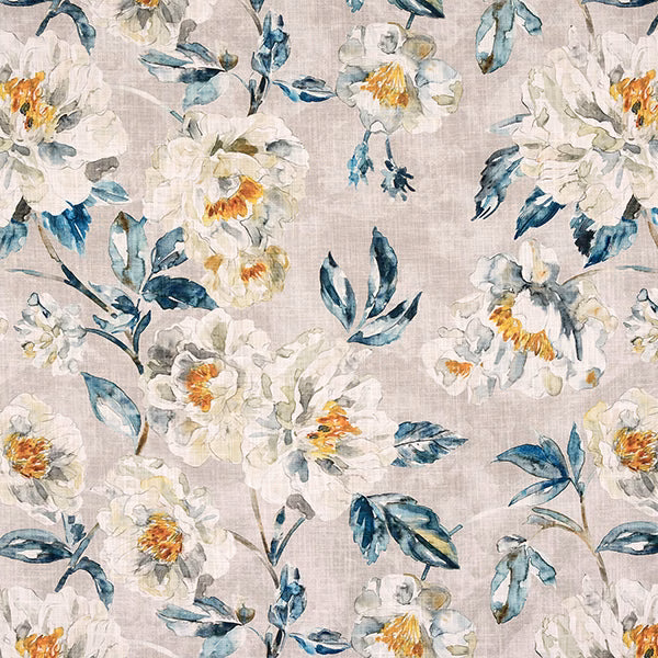 Painterly floral fabric with teal leaves, white blooms and ochre centres on a pale grey-beige ground