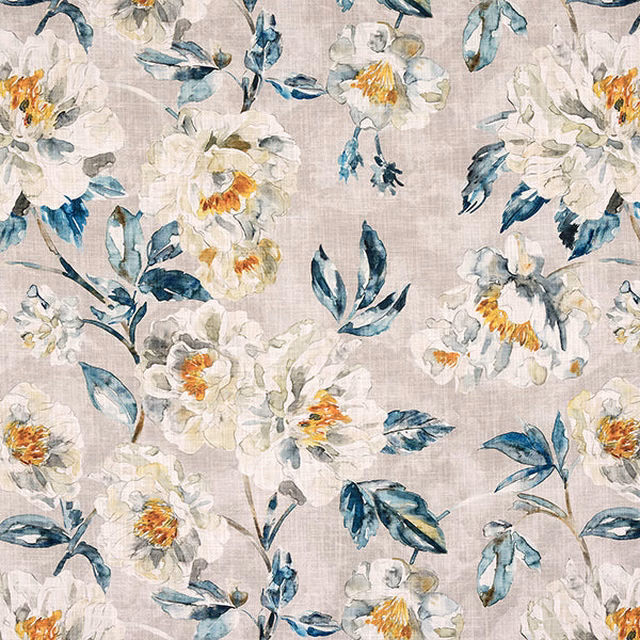 Painterly floral fabric with teal leaves, white blooms and ochre centres on a pale grey-beige ground