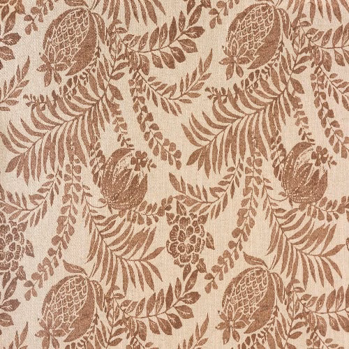Blush pink botanical print fabric with leafy motifs and rounded floral forms