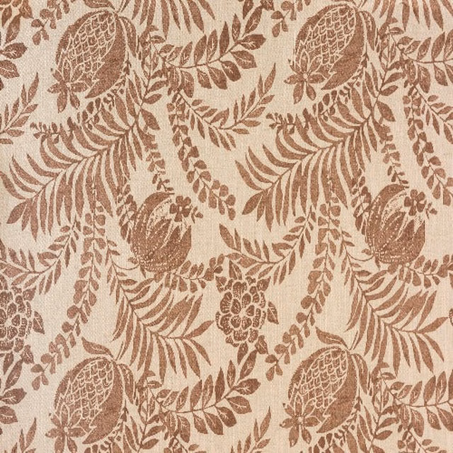 Blush pink botanical print fabric with leafy motifs and rounded floral forms