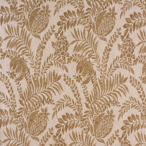 Warm beige botanical print with leafy fruit motifs on a linen-look ground