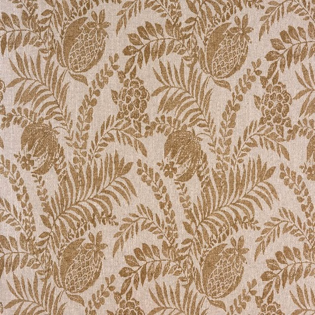 Warm beige botanical print with leafy fruit motifs on a linen-look ground