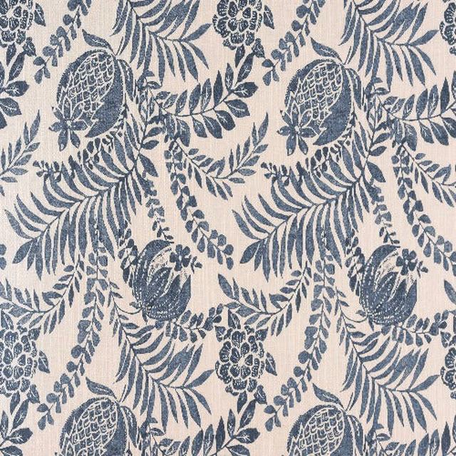 Large navy botanical print on a pale textured ground