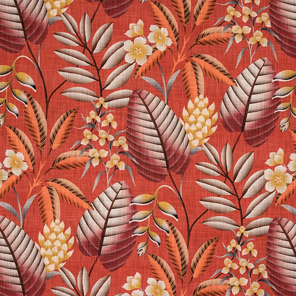 Burnt orange tropical botanical fabric with large layered leaves and cream flowers