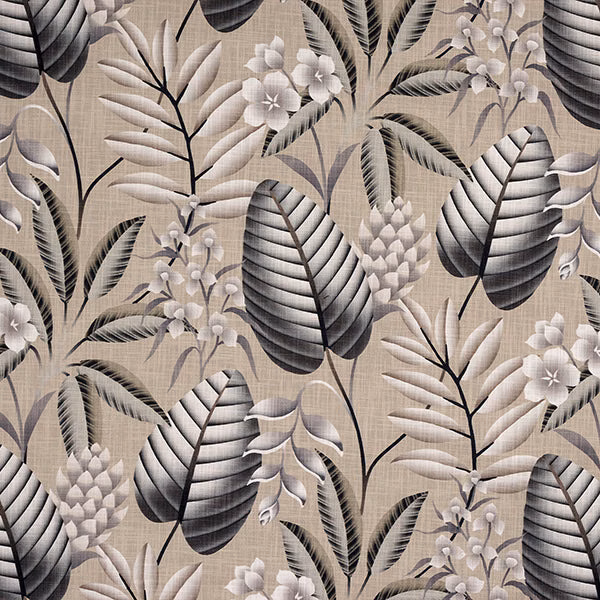 Botanical print fabric with charcoal leaves and pale flowers on a taupe ground