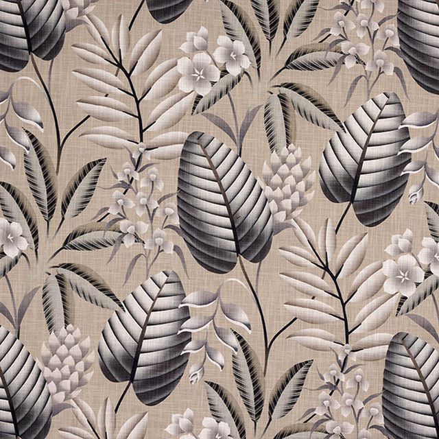 Botanical print fabric with charcoal leaves and pale flowers on a taupe ground
