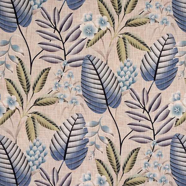 Printed botanical fabric with cobalt blue leaves, lilac foliage and pale aqua flowers on a beige linen-look ground