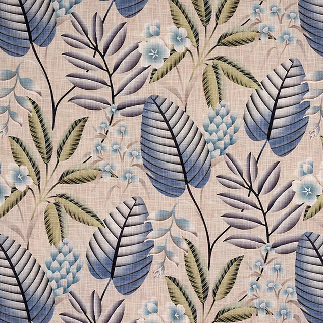 Printed botanical fabric with cobalt blue leaves, lilac foliage and pale aqua flowers on a beige linen-look ground