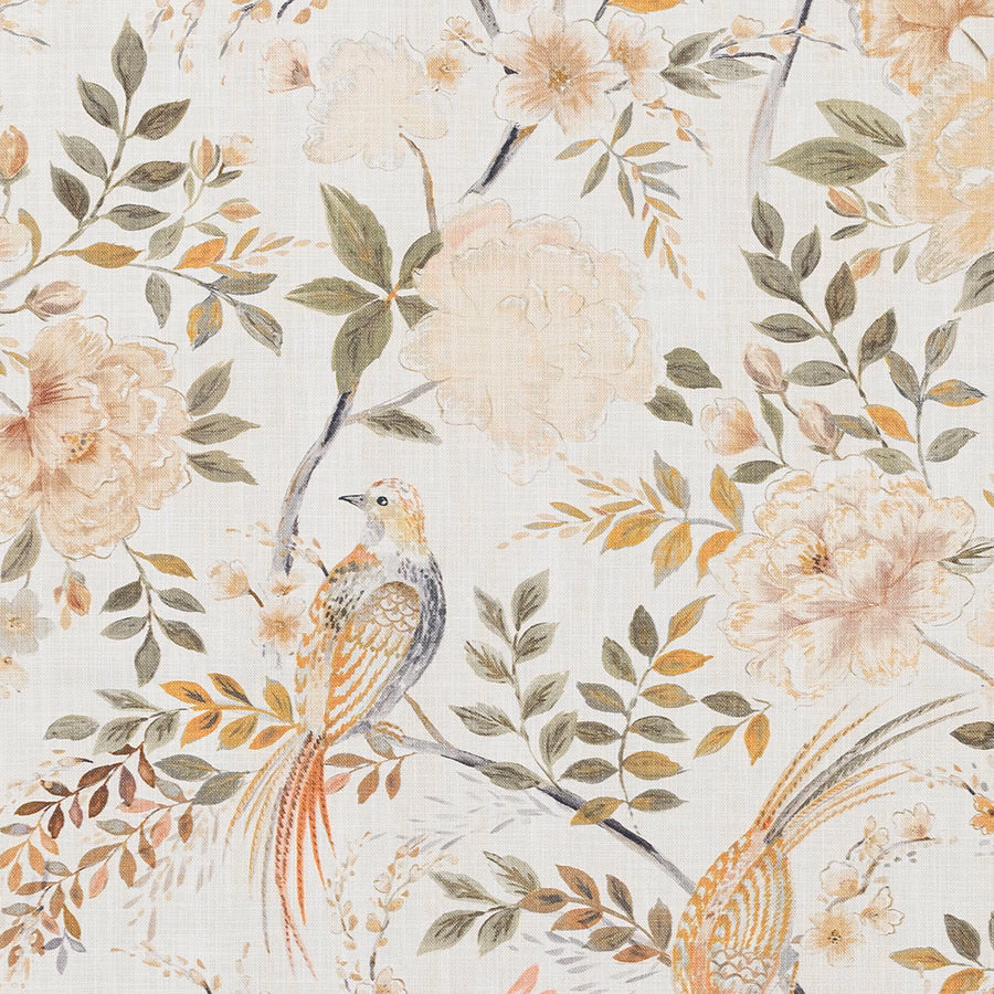 Cream cotton fabric with painted birds, peach flowers and olive foliage