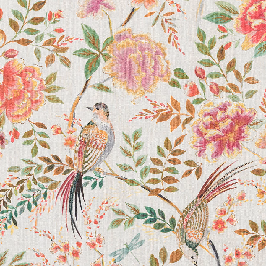 Painterly floral and bird print in pink, spice, green and gold on ivory cotton