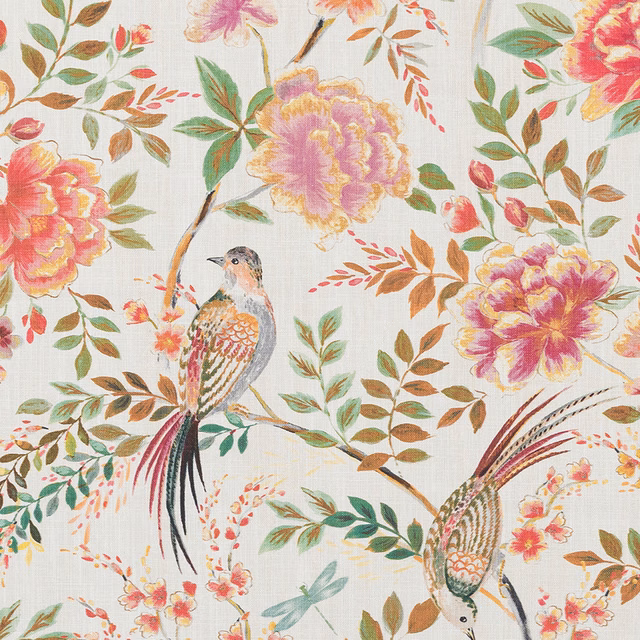 Painterly floral and bird print in pink, spice, green and gold on ivory cotton