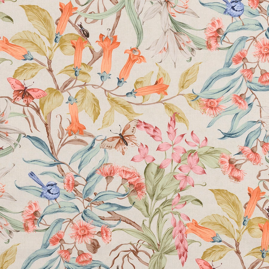 Pastel botanical cotton print with coral flowers, blue birds and sage leaves