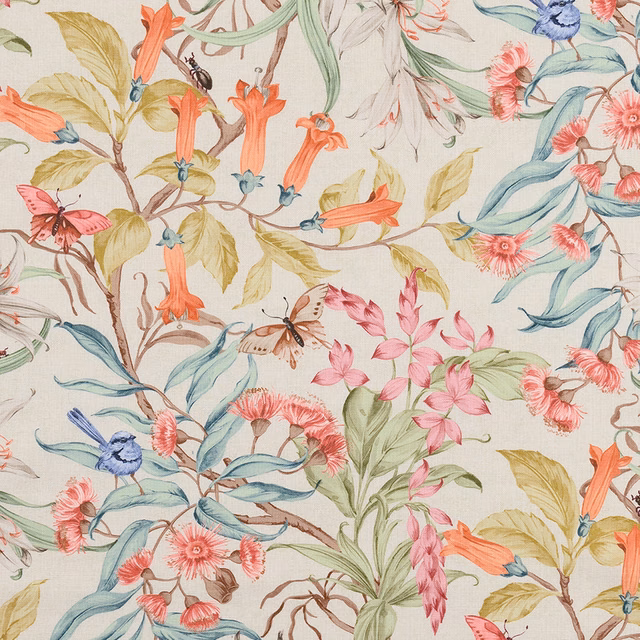 Pastel botanical cotton print with coral flowers, blue birds and sage leaves