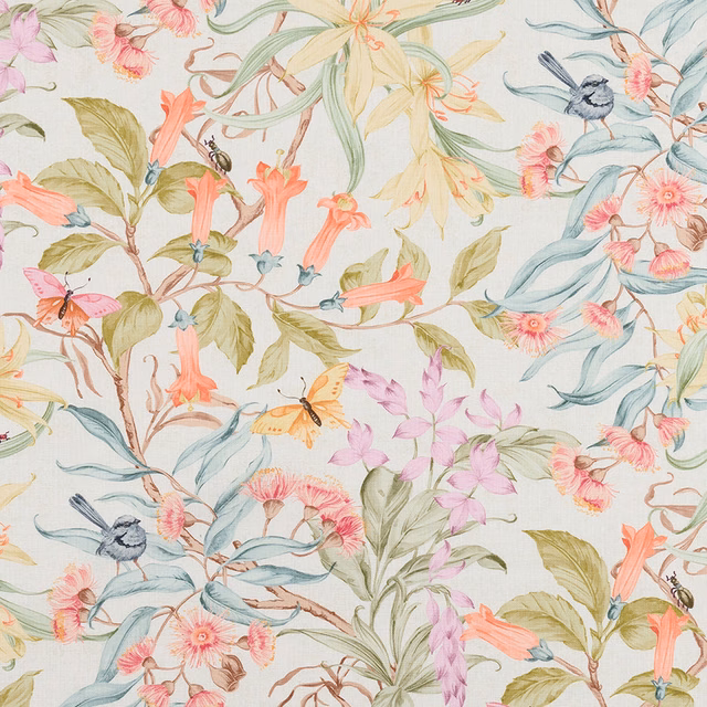 Painterly floral cotton print with birds, butterflies and pastel foliage on ivory