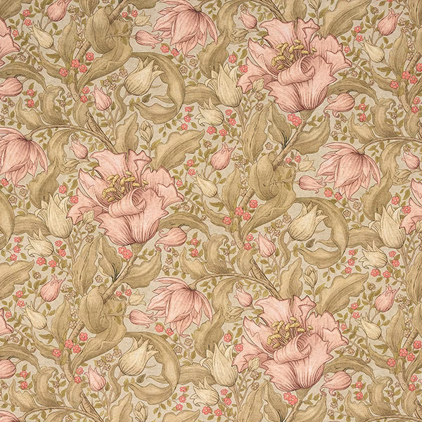 Large blush pink flowers with olive foliage on a warm neutral printed fabric