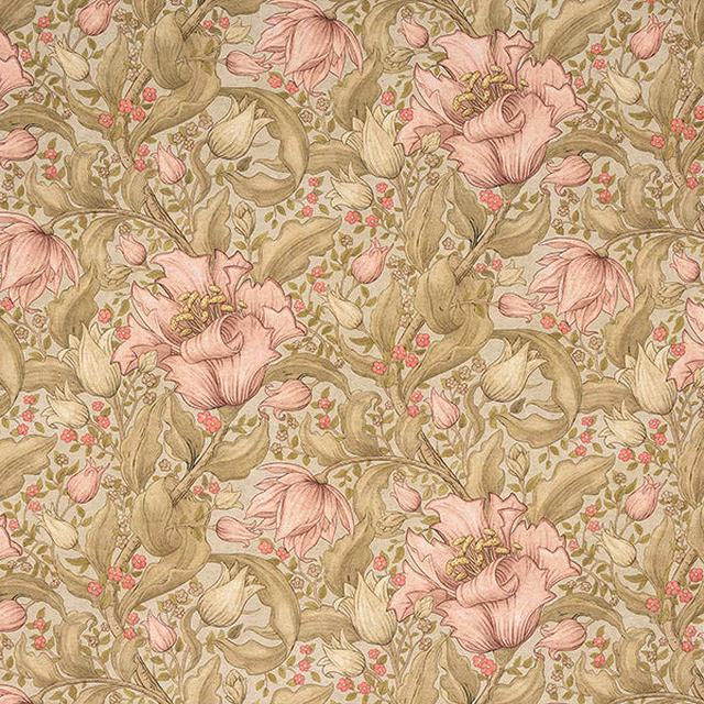 Large blush pink flowers with olive foliage on a warm neutral printed fabric