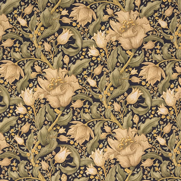 Large floral print on deep indigo ground with cream and olive botanical motifs