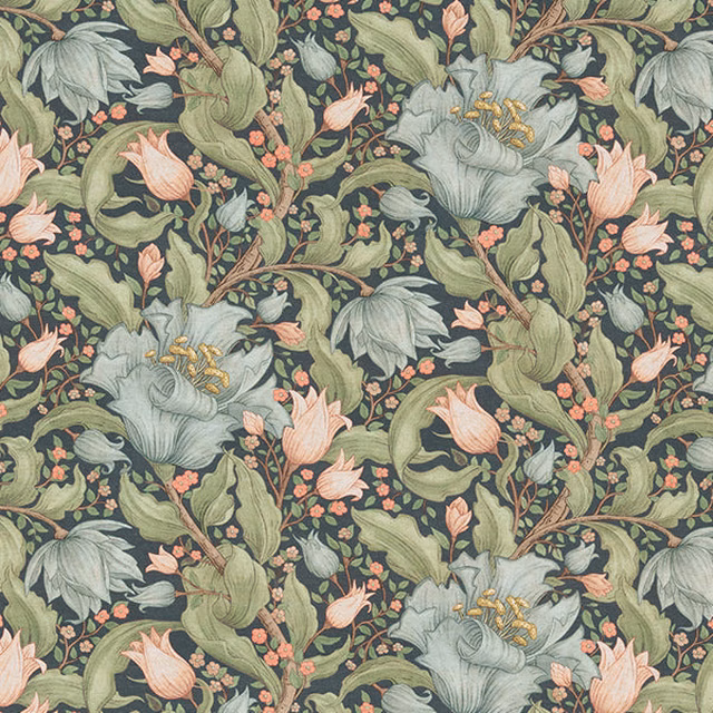 Dense floral print on dark jade ground with sage leaves and blue-green blooms