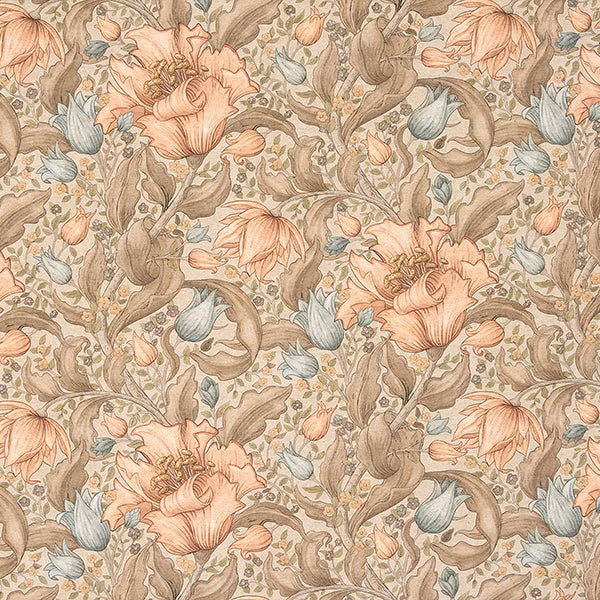 Painterly olive floral fabric with peach blooms, dusty blue buds and curling taupe leaves