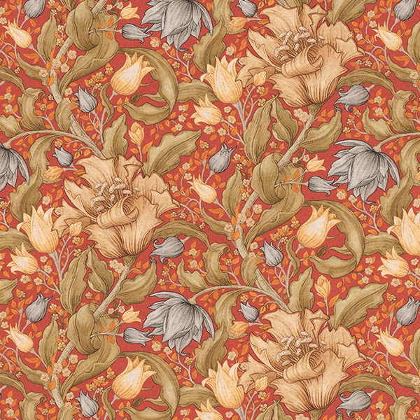 Large-scale floral print on rich red ground with olive, cream and grey blooms