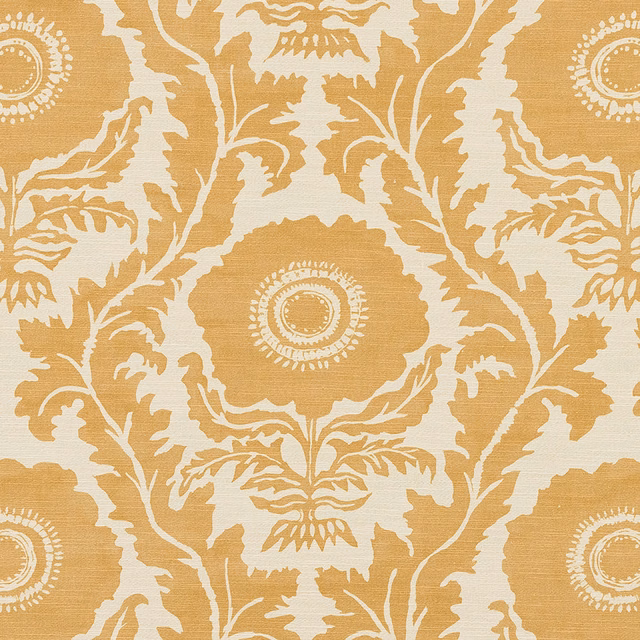 Large floral damask print in antique gold and cream on woven fabric