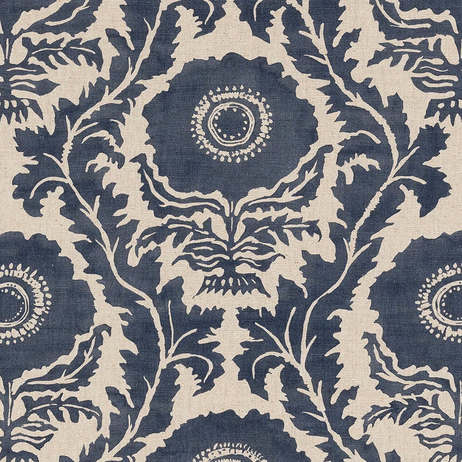 Ink-blue large floral print on a natural linen-look ground