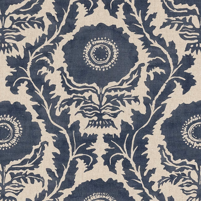 Ink-blue large floral print on a natural linen-look ground