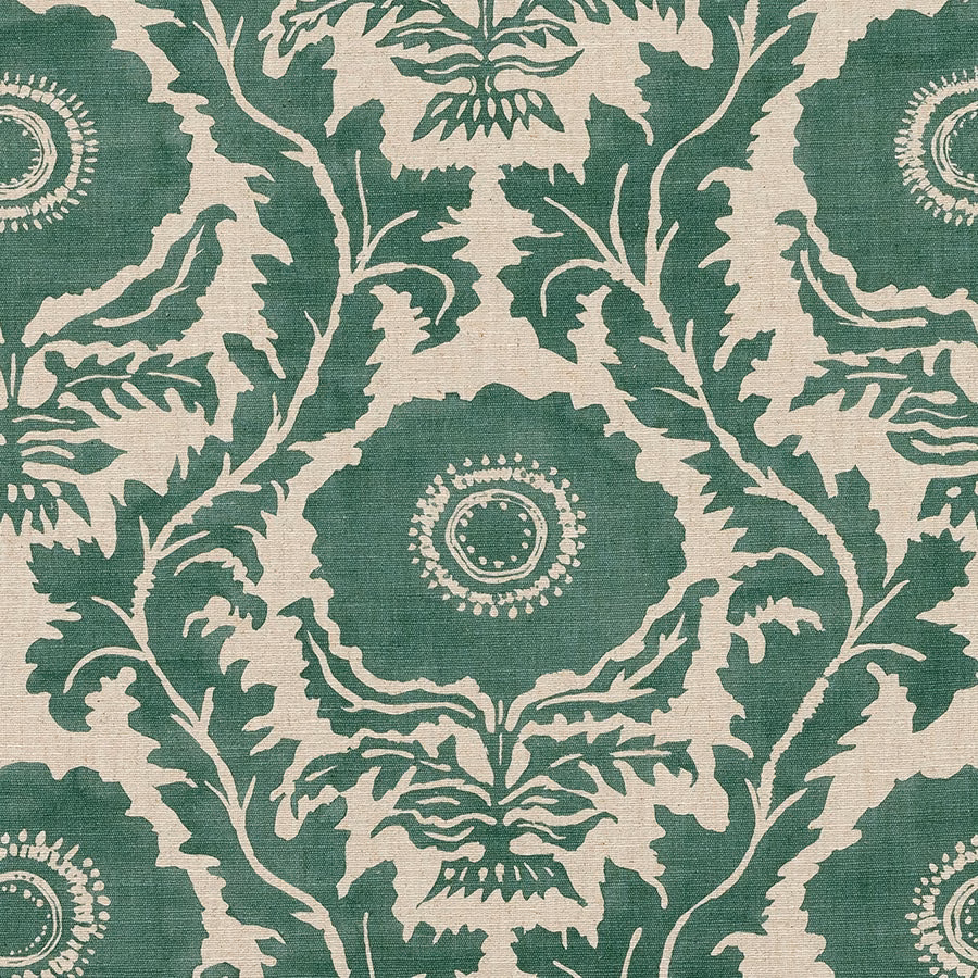 Green and cream large-scale damask print on a textured linen-look fabric