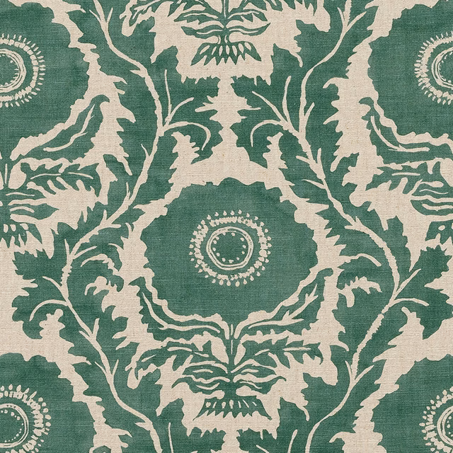 Green and cream large-scale damask print on a textured linen-look fabric