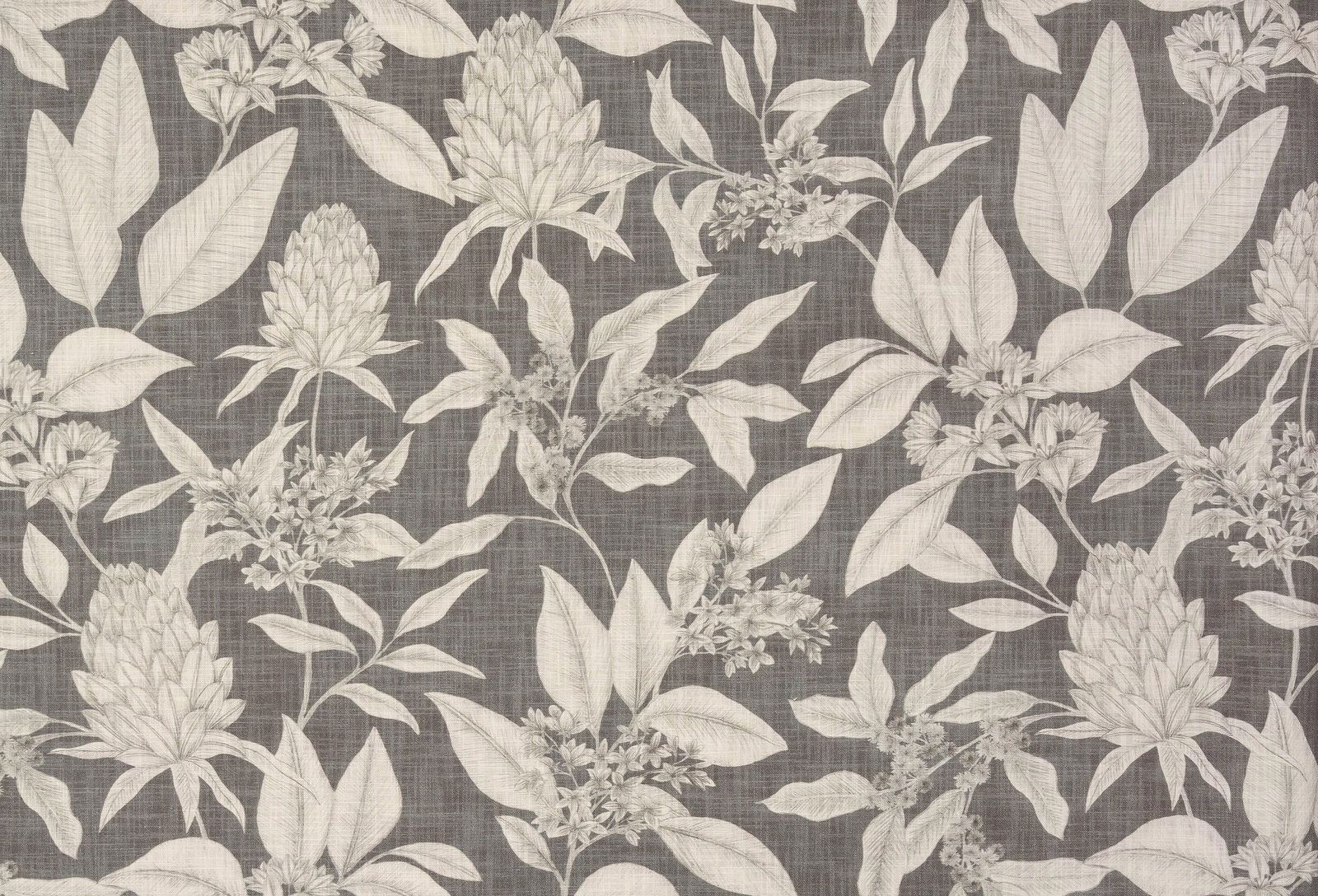 Dove grey floral cotton fabric with ivory leaves and blossoms on a textured ground