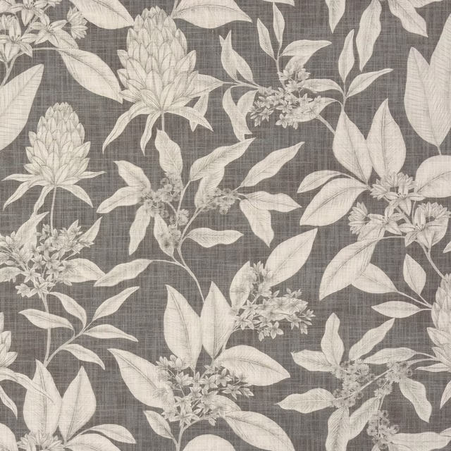Dove grey floral cotton fabric with ivory leaves and blossoms on a textured ground