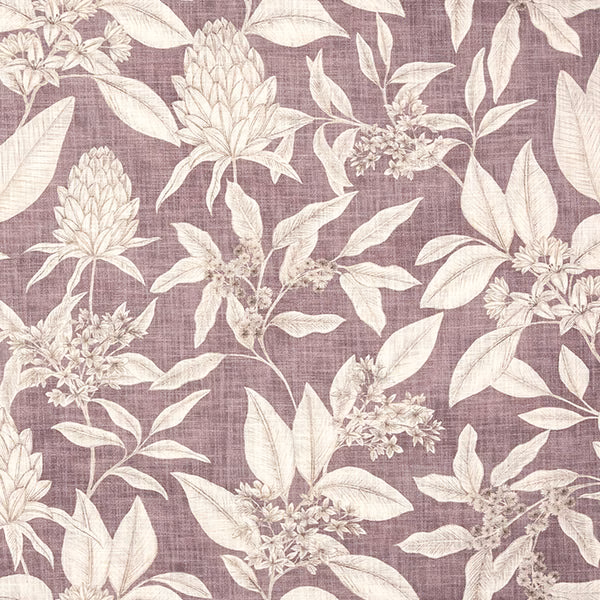 Cream floral leaves and blossoms on a dusty heather-lilac cotton ground