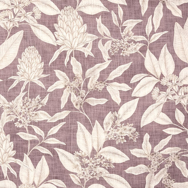 Cream floral leaves and blossoms on a dusty heather-lilac cotton ground