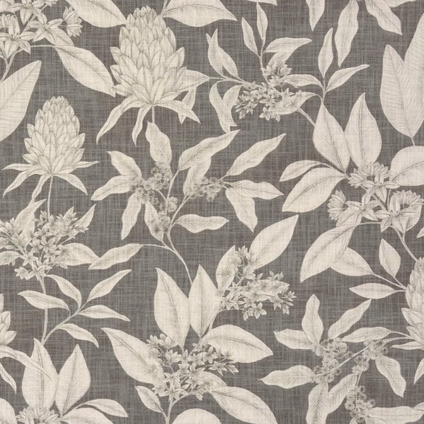 Grey cotton fabric with large pale botanical leaves and flowers