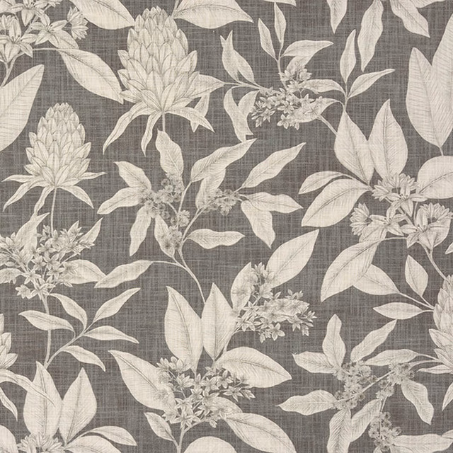 Grey cotton fabric with large pale botanical leaves and flowers