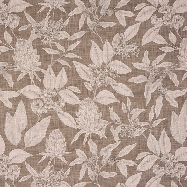 Large-scale botanical print in warm taupe and ivory on textured cotton