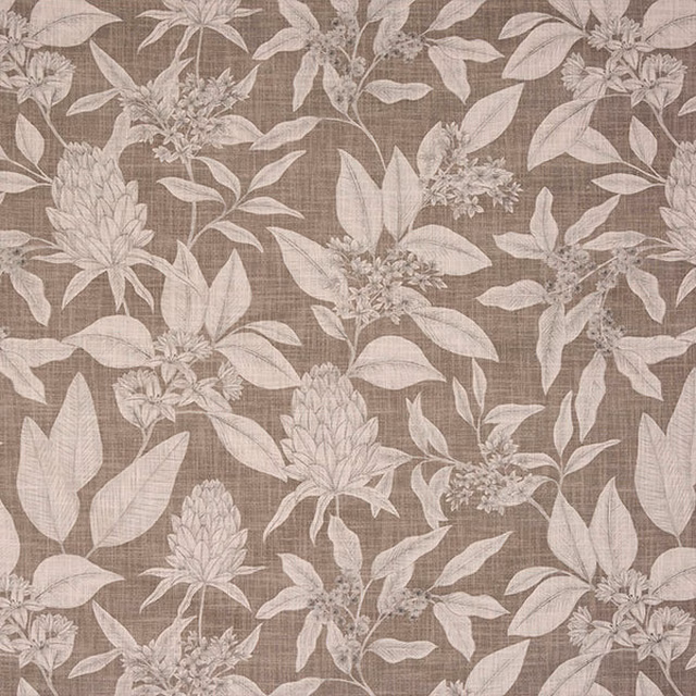 Large-scale botanical print in warm taupe and ivory on textured cotton